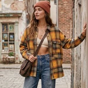 Umgee Boho Plaid Flannel Button Down Shirt Shacket Mustard Yellow Brown Size M